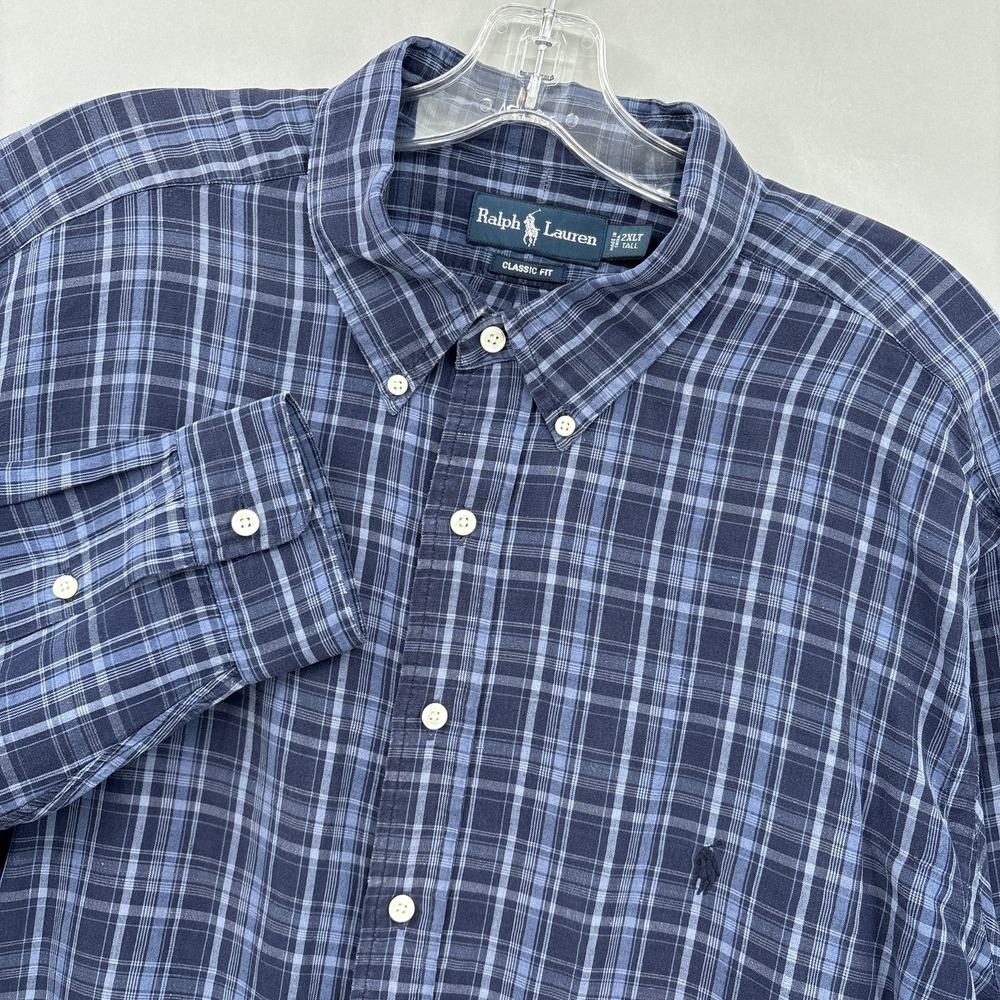 Ralph Lauren Shirt Mens Big 2XLT Blue Plaid Linen Silk Classic Fit Button Down
